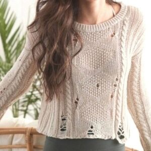 Aerie | Distressed Destroyed Womens Sweater Tan Size Medium M Grunge Boho